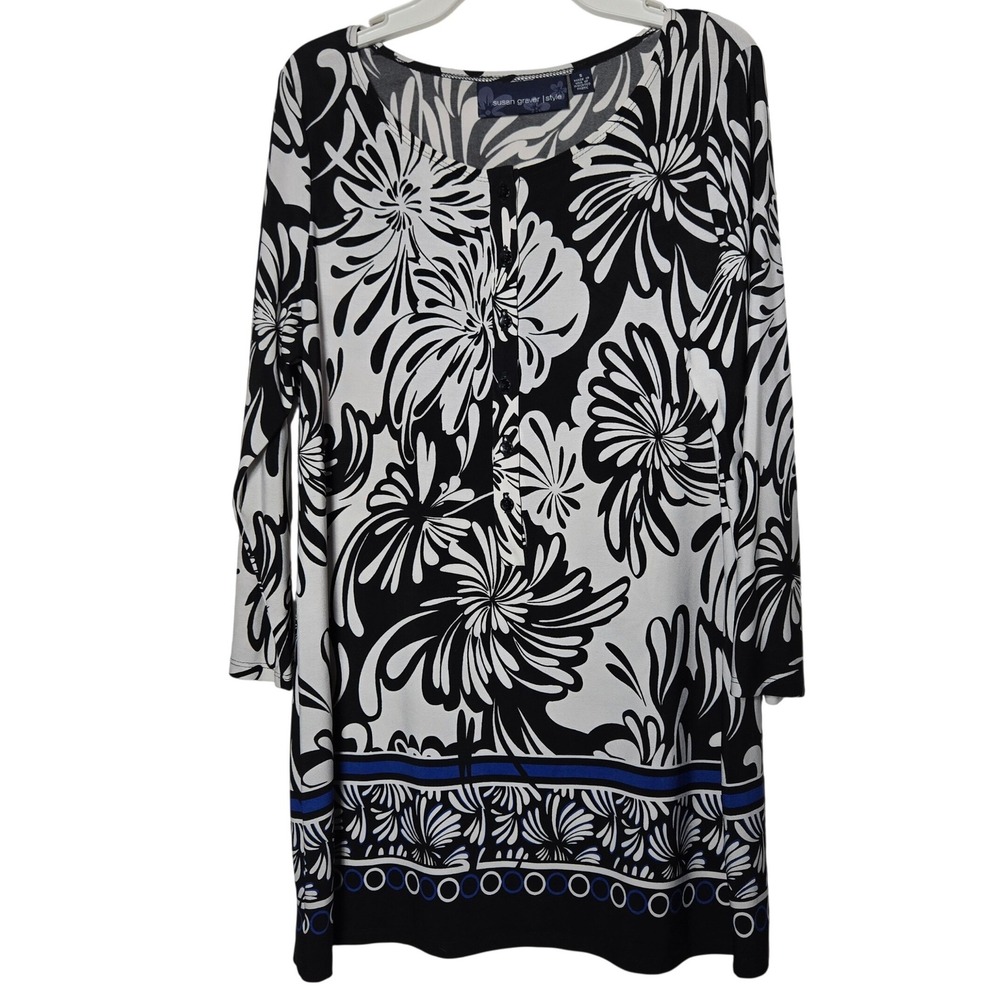 Susan Graver Floral Tunic Top Small Stretch Boho Office Career Liquid Knit Work